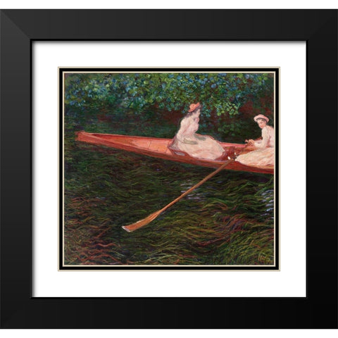Canoe Black Modern Wood Framed Art Print with Double Matting by Monet, Claude