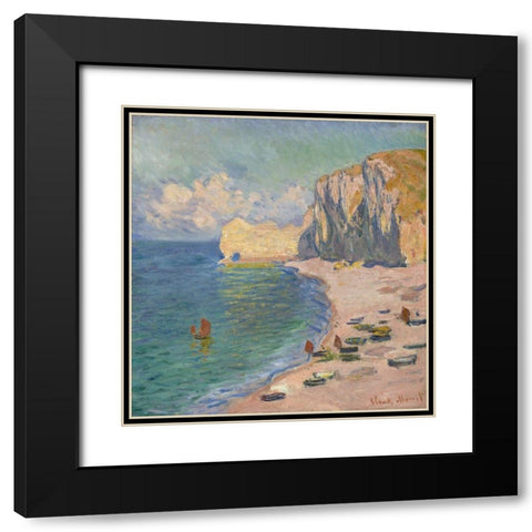 The Beach and the Falaise d Amont Black Modern Wood Framed Art Print with Double Matting by Monet, Claude