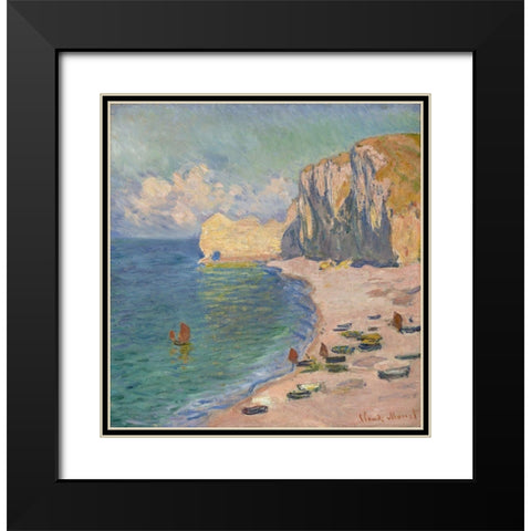 The Beach and the Falaise d Amont Black Modern Wood Framed Art Print with Double Matting by Monet, Claude