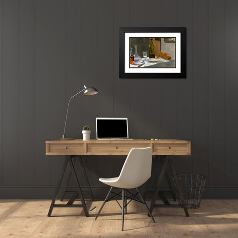 Still Life with Bottle, Carafe, Bread, and Wine Black Modern Wood Framed Art Print with Double Matting by Monet, Claude