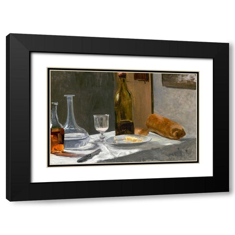 Still Life with Bottle, Carafe, Bread, and Wine Black Modern Wood Framed Art Print with Double Matting by Monet, Claude