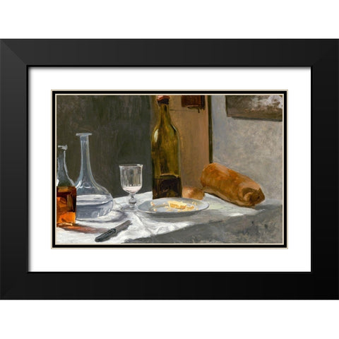 Still Life with Bottle, Carafe, Bread, and Wine Black Modern Wood Framed Art Print with Double Matting by Monet, Claude
