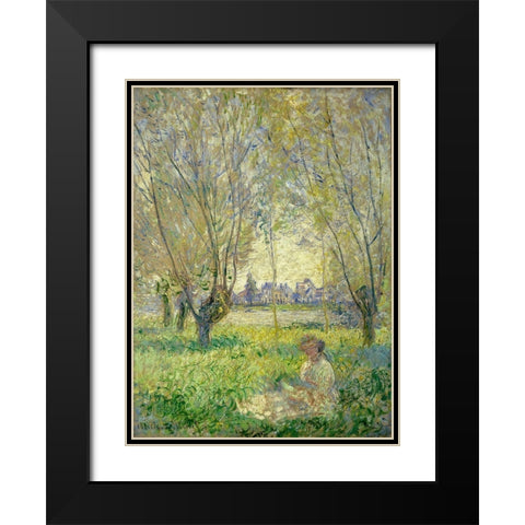 Woman Seated under the Willows Black Modern Wood Framed Art Print with Double Matting by Monet, Claude