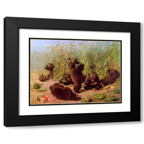 Bears in the Watermelon Patch Black Modern Wood Framed Art Print with Double Matting by Beard, William Holbrook