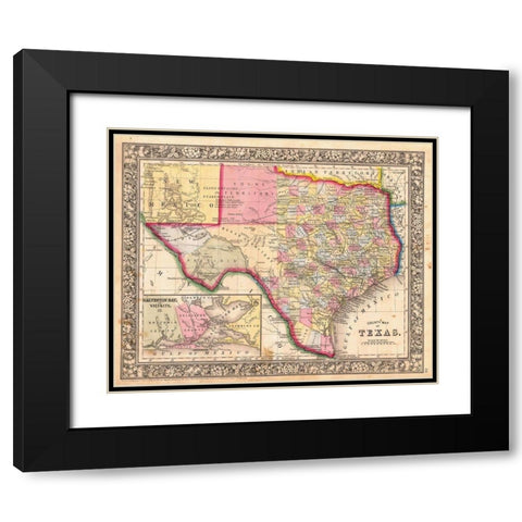County Map Of Texas, 1864 Black Modern Wood Framed Art Print with Double Matting by Mitchell, Samuel Augustus