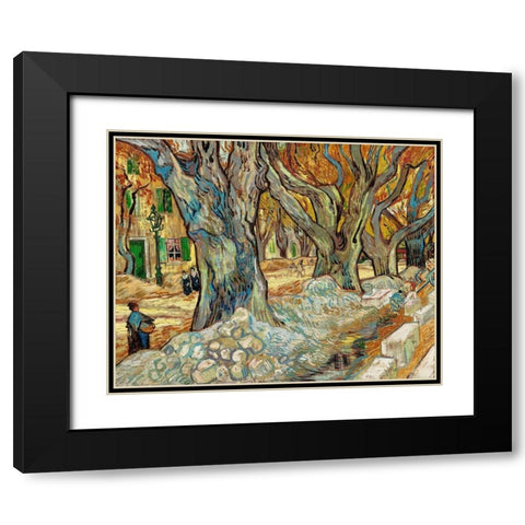 The Large Plane Trees (Road Menders at Saint-RÃ©my) (1889)Â  Black Modern Wood Framed Art Print with Double Matting by Van Gogh, Vincent