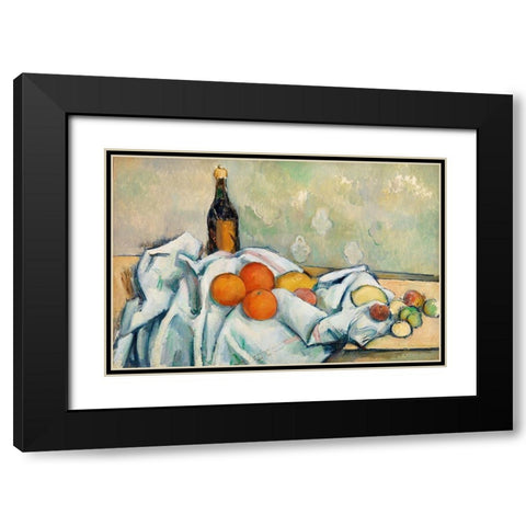Bottle and Fruits Black Modern Wood Framed Art Print with Double Matting by Cezanne, Paul