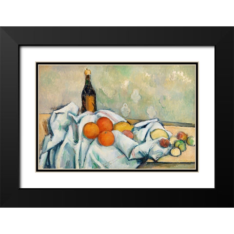 Bottle and Fruits Black Modern Wood Framed Art Print with Double Matting by Cezanne, Paul