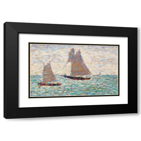 Two Sailboats at Grandcamp Black Modern Wood Framed Art Print with Double Matting by Seurat, Georges