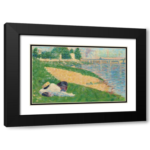 The Seine with Clothing on the Bank Black Modern Wood Framed Art Print with Double Matting by Seurat, Georges