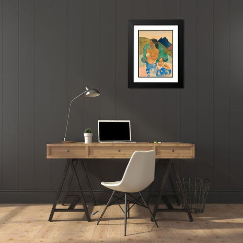 Two Tahitian Women in a Landscape Black Modern Wood Framed Art Print with Double Matting by Gauguin, Paul