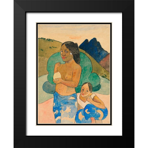 Two Tahitian Women in a Landscape Black Modern Wood Framed Art Print with Double Matting by Gauguin, Paul