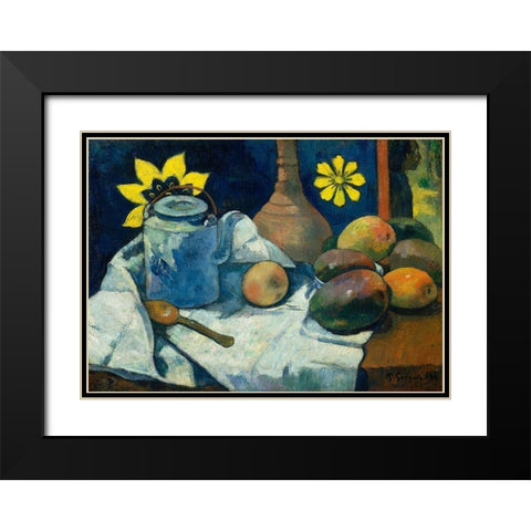 Still Life with Teapot and Fruit Black Modern Wood Framed Art Print with Double Matting by Gauguin, Paul