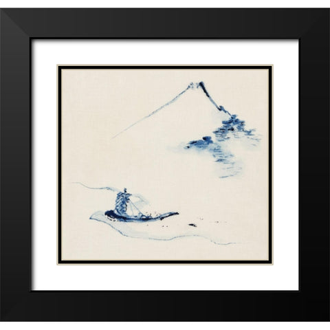 A Person in a Small Boat on a River with Mount Fuji in the BackgroundÂ  Black Modern Wood Framed Art Print with Double Matting by Hokusai, Katsushika
