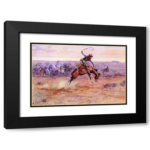 Bucking Bronco Black Modern Wood Framed Art Print with Double Matting by Russell, Charles Marion