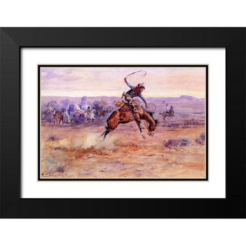 Bucking Bronco Black Modern Wood Framed Art Print with Double Matting by Russell, Charles Marion