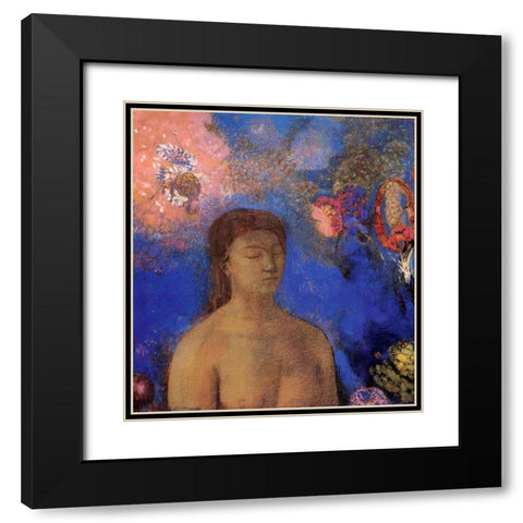 Closed Eyes Blue Background Black Modern Wood Framed Art Print with Double Matting by Redon, Odilon