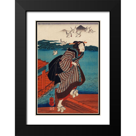 Sanbashi no Onna Black Modern Wood Framed Art Print with Double Matting by Kuniyoshi, Utagawa