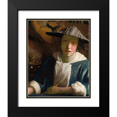 Girl with a Flute Black Modern Wood Framed Art Print with Double Matting by Vermeer, Johannes