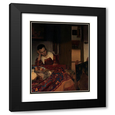 A Maid Asleep Black Modern Wood Framed Art Print with Double Matting by Vermeer, Johannes