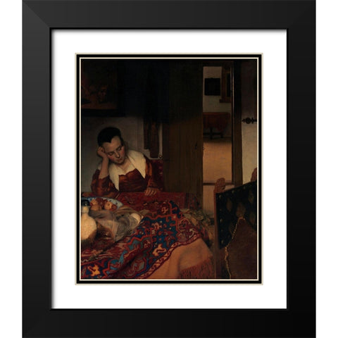 A Maid Asleep Black Modern Wood Framed Art Print with Double Matting by Vermeer, Johannes