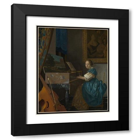 Lady Seated at a Virginal Black Modern Wood Framed Art Print with Double Matting by Vermeer, Johannes
