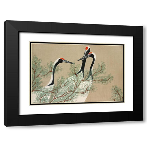Cranes from Momoyogusa Black Modern Wood Framed Art Print with Double Matting by Sekka, Kamisaka