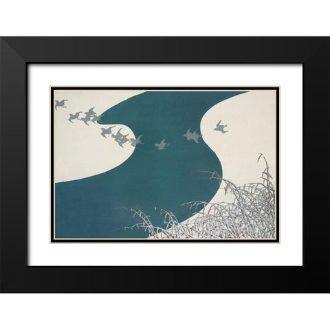 Birds from Momoyogusa Black Modern Wood Framed Art Print with Double Matting by Sekka, Kamisaka