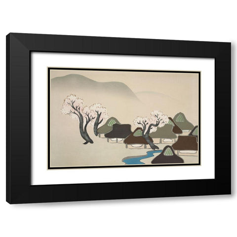 Village with cherry blossoms from Momoyogusa Black Modern Wood Framed Art Print with Double Matting by Sekka, Kamisaka