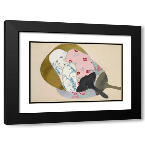 Girl in fan from Momoyogusa Black Modern Wood Framed Art Print with Double Matting by Sekka, Kamisaka