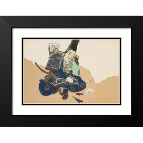 Samurai from Momoyogusa Black Modern Wood Framed Art Print with Double Matting by Sekka, Kamisaka