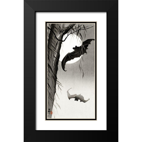Bats under the full moon Black Modern Wood Framed Art Print with Double Matting by Koson, Ohara