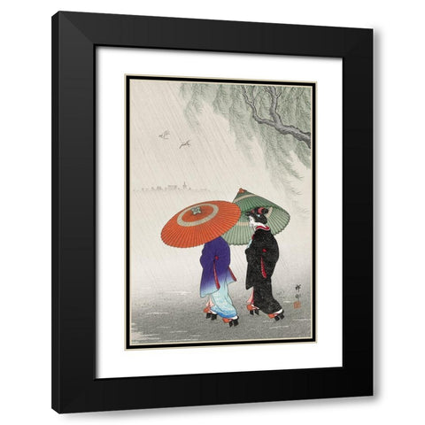 Two women in the rain Black Modern Wood Framed Art Print with Double Matting by Koson, Ohara