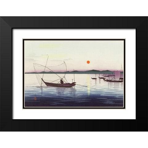 Boats and setting sun Black Modern Wood Framed Art Print with Double Matting by Koson, Ohara