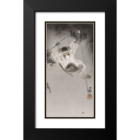 Monkey, hanging from bamboo branch Black Modern Wood Framed Art Print with Double Matting by Koson, Ohara
