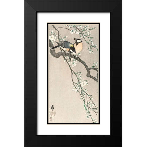 Tits on Cherry BranchÂ  Black Modern Wood Framed Art Print with Double Matting by Koson, Ohara