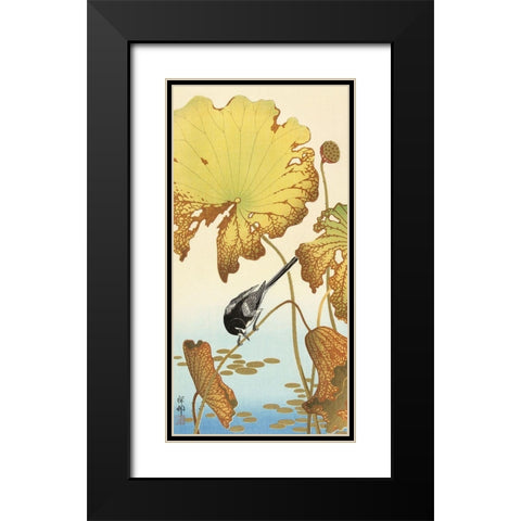 Japanese wagtail on lotus plant Black Modern Wood Framed Art Print with Double Matting by Koson, Ohara