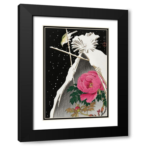 Siberian bluechat next to a peony Black Modern Wood Framed Art Print with Double Matting by Koson, Ohara