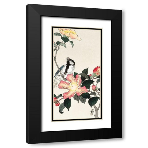 Great tit on branch with pink flowers Black Modern Wood Framed Art Print with Double Matting by Koson, Ohara