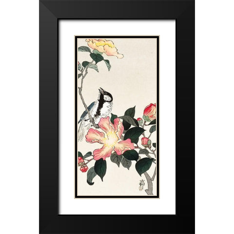 Great tit on branch with pink flowers Black Modern Wood Framed Art Print with Double Matting by Koson, Ohara