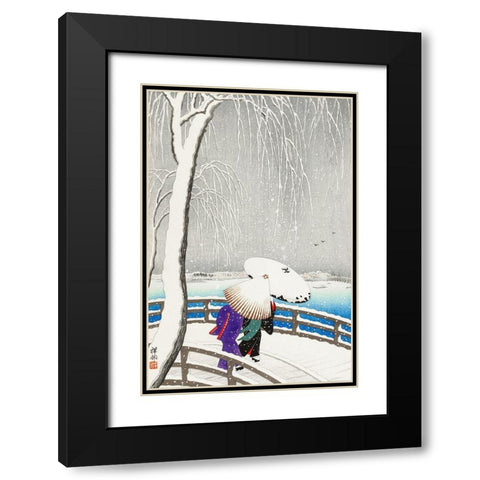 Two women in the snow on Yanagi Bridge Black Modern Wood Framed Art Print with Double Matting by Koson, Ohara