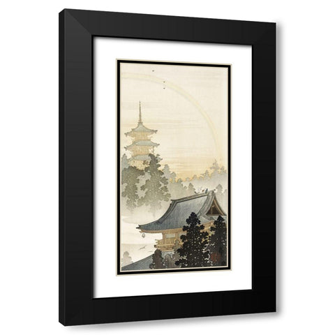 Pagoda and rainbow Black Modern Wood Framed Art Print with Double Matting by Koson, Ohara