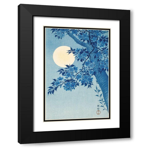 Blossoming Cherry on a Moonlit Night Black Modern Wood Framed Art Print with Double Matting by Koson, Ohara