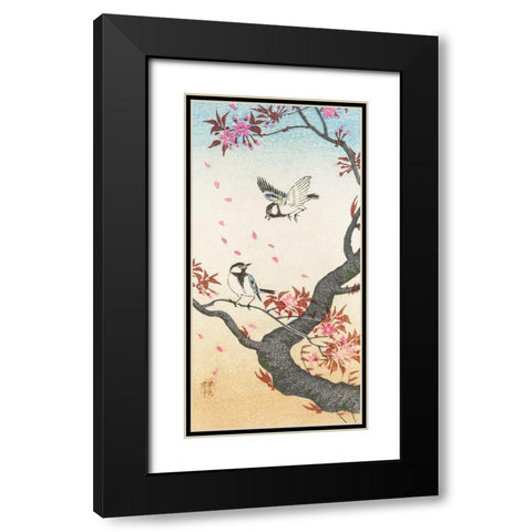 Two great tits at blossoming tree Black Modern Wood Framed Art Print with Double Matting by Koson, Ohara