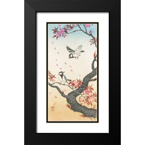 Two great tits at blossoming tree Black Modern Wood Framed Art Print with Double Matting by Koson, Ohara