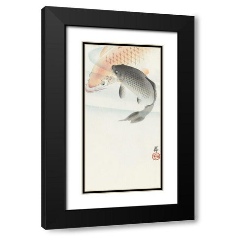 Two carp Black Modern Wood Framed Art Print with Double Matting by Koson, Ohara