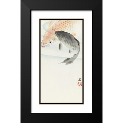 Two carp Black Modern Wood Framed Art Print with Double Matting by Koson, Ohara