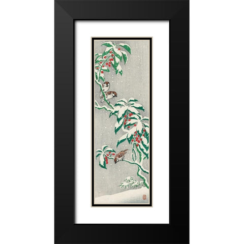 Sparrows on snowy berry bush Black Modern Wood Framed Art Print with Double Matting by Koson, Ohara