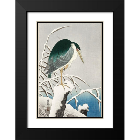 Heron in snow Black Modern Wood Framed Art Print with Double Matting by Koson, Ohara