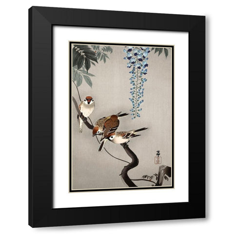 Ring sparrows at wisteria Black Modern Wood Framed Art Print with Double Matting by Koson, Ohara